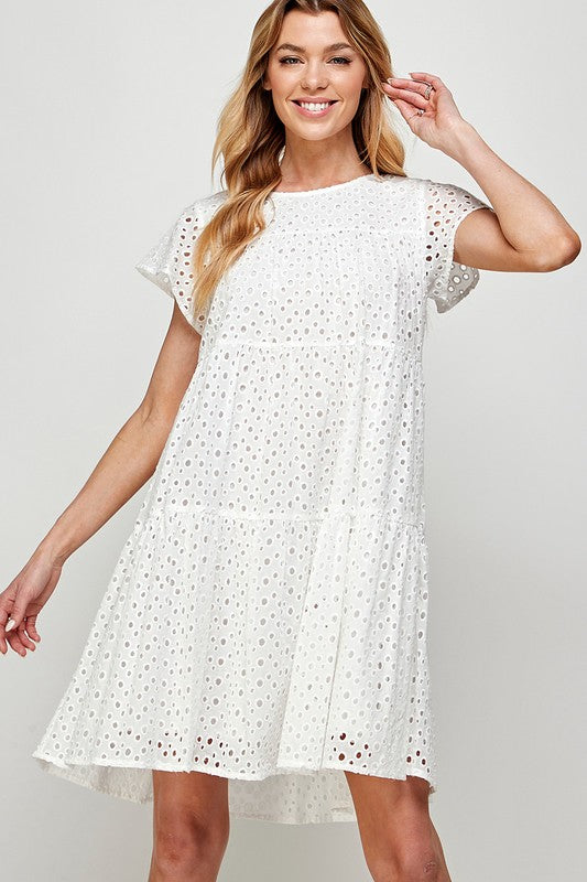 EYELET EMBROIDERY TIERED SHORT DRESS