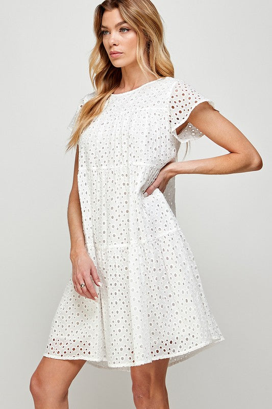 EYELET EMBROIDERY TIERED SHORT DRESS