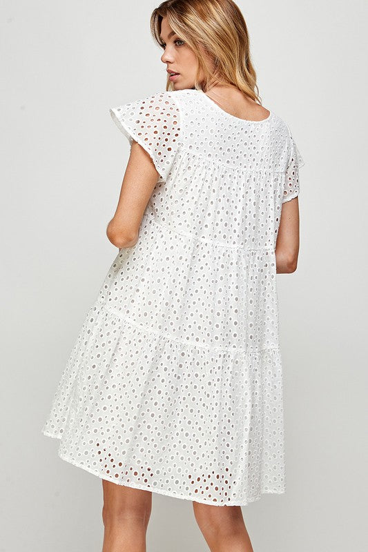 EYELET EMBROIDERY TIERED SHORT DRESS