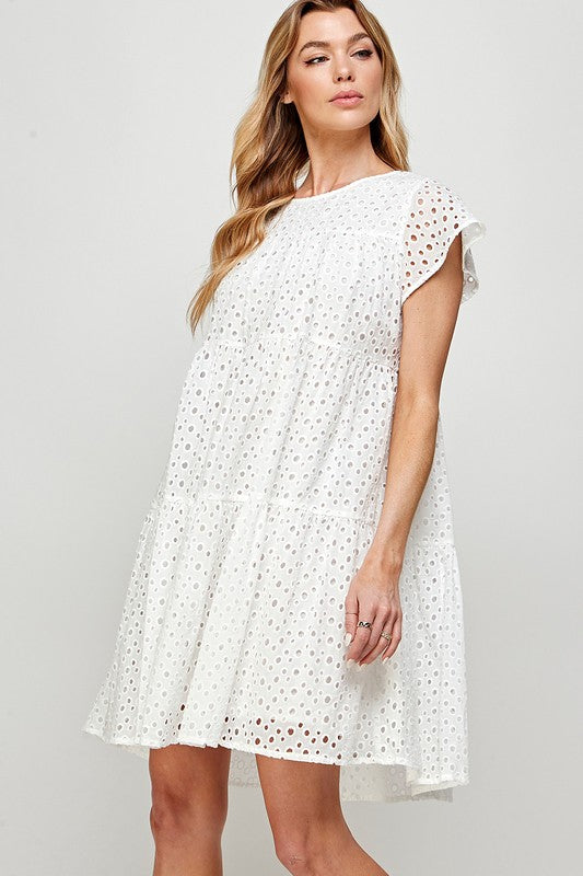 EYELET EMBROIDERY TIERED SHORT DRESS