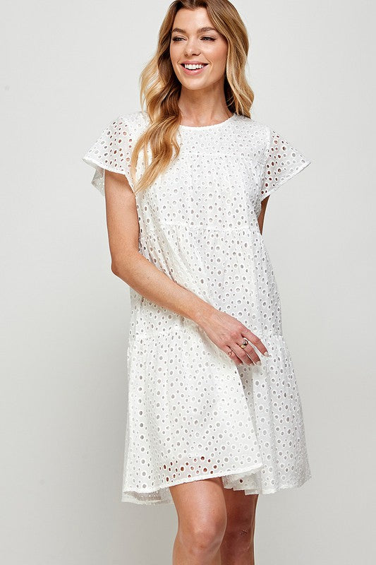 EYELET EMBROIDERY TIERED SHORT DRESS