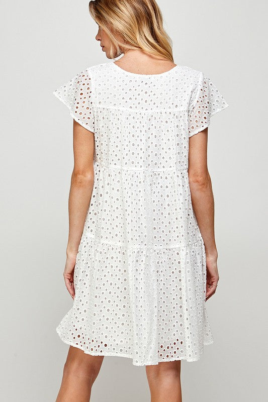 EYELET EMBROIDERY TIERED SHORT DRESS