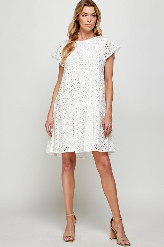 EYELET EMBROIDERY TIERED SHORT DRESS