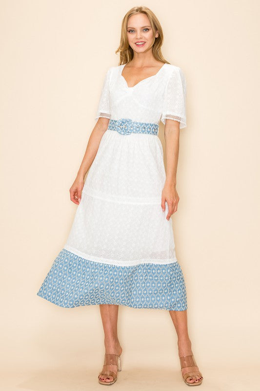 EYELET BELTED DRESS