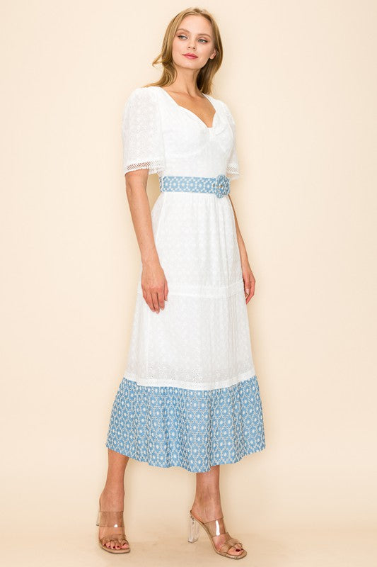 EYELET BELTED DRESS