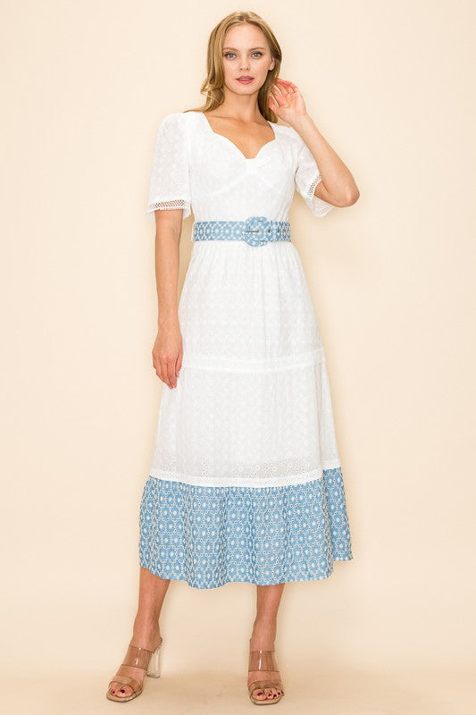 EYELET BELTED DRESS