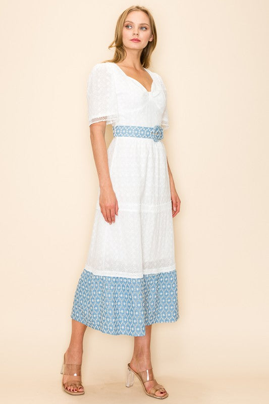 EYELET BELTED DRESS