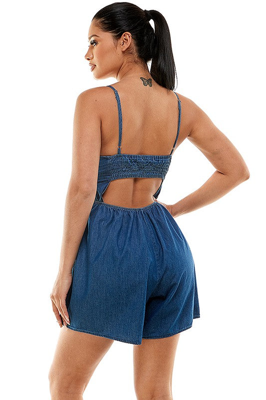 SMOCKED DENIM ROMPER