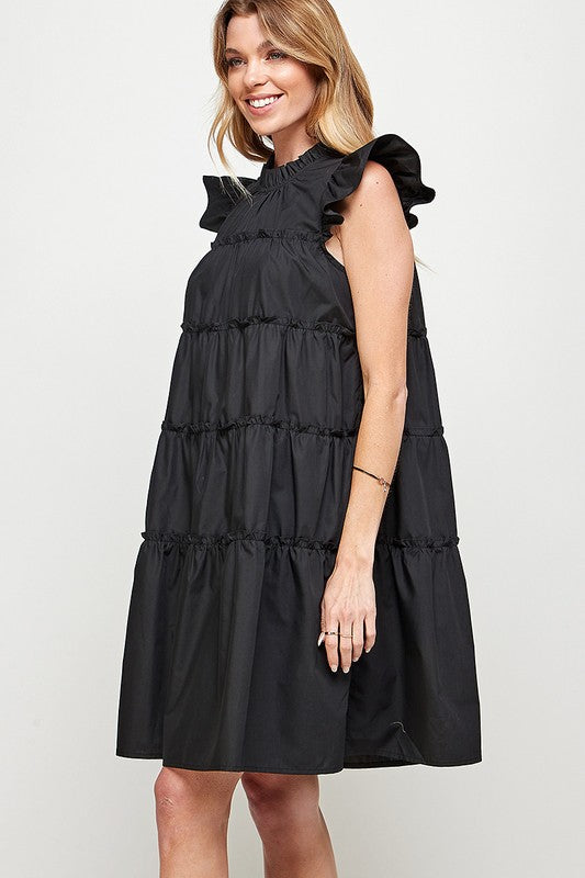 RUFFLED NECK CAP SLEEVES TIERED DRESS