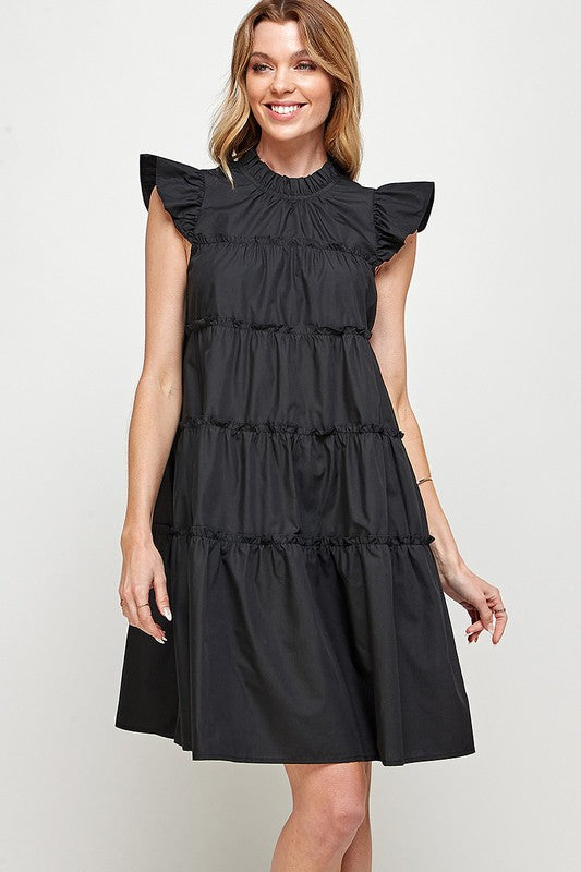 RUFFLED NECK CAP SLEEVES TIERED DRESS