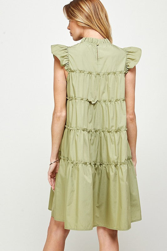 RUFFLED NECK CAP SLEEVES TIERED DRESS