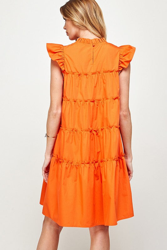 RUFFLED NECK CAP SLEEVES TIERED DRESS