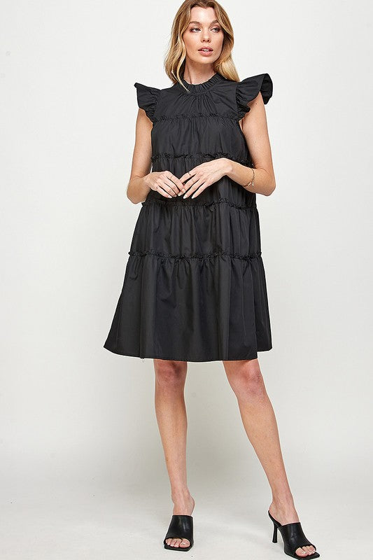 RUFFLED NECK CAP SLEEVES TIERED DRESS