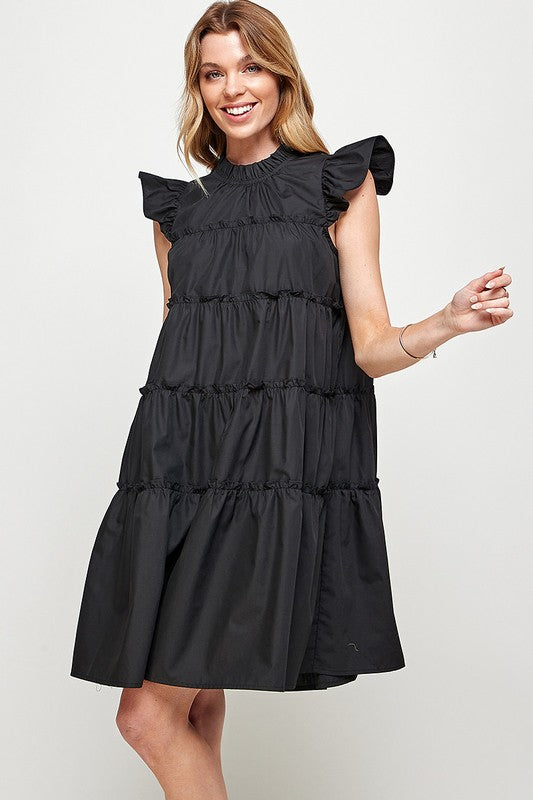 RUFFLED NECK CAP SLEEVES TIERED DRESS