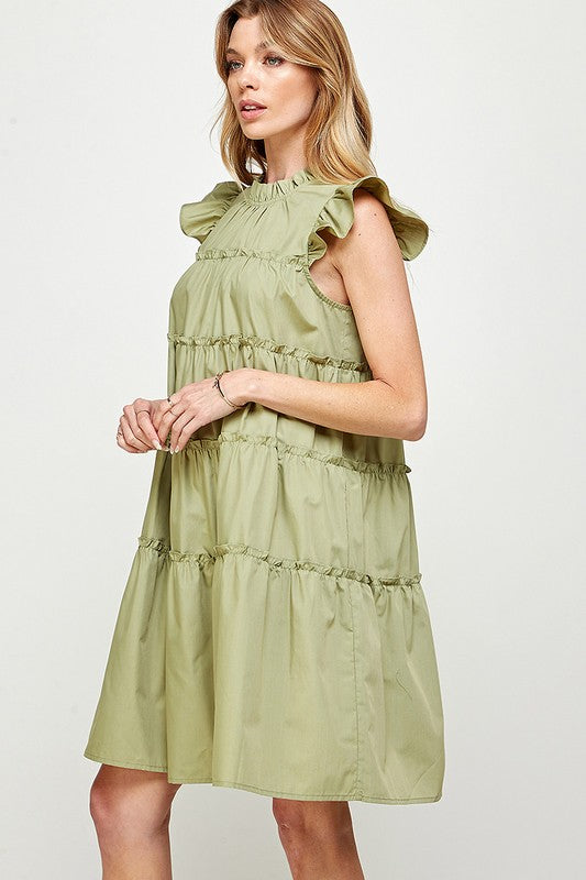 RUFFLED NECK CAP SLEEVES TIERED DRESS