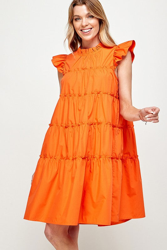 RUFFLED NECK CAP SLEEVES TIERED DRESS