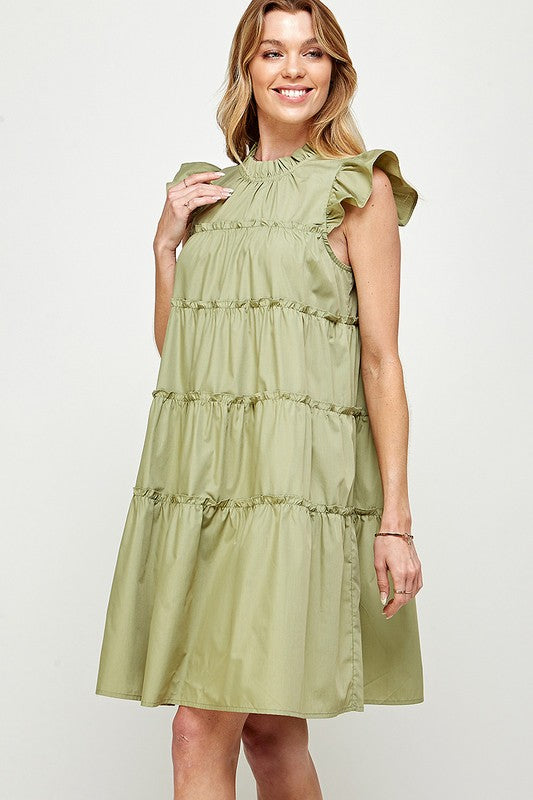 RUFFLED NECK CAP SLEEVES TIERED DRESS