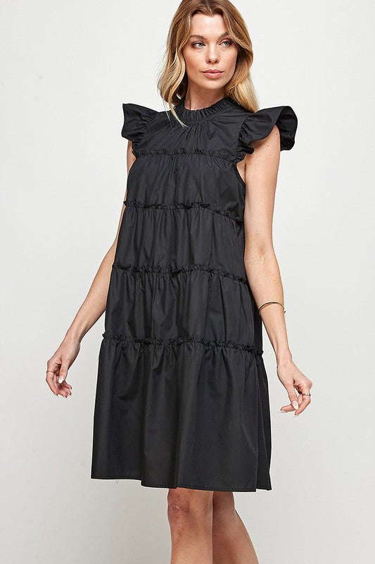 RUFFLED NECK CAP SLEEVES TIERED DRESS