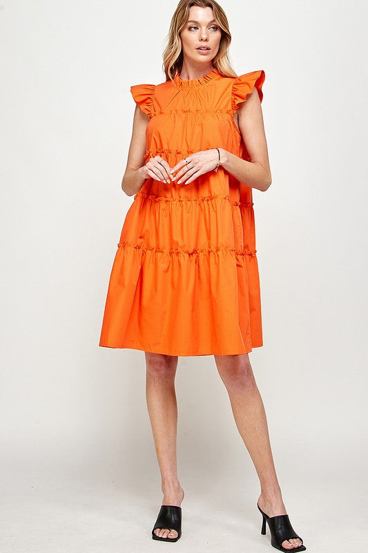 RUFFLED NECK CAP SLEEVES TIERED DRESS