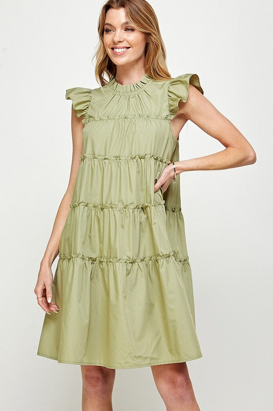 RUFFLED NECK CAP SLEEVES TIERED DRESS