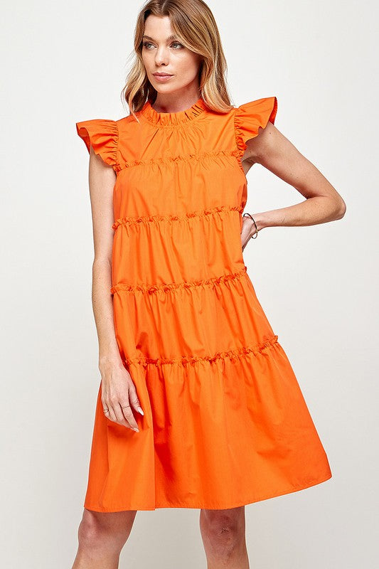 RUFFLED NECK CAP SLEEVES TIERED DRESS