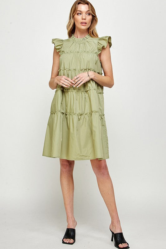 RUFFLED NECK CAP SLEEVES TIERED DRESS