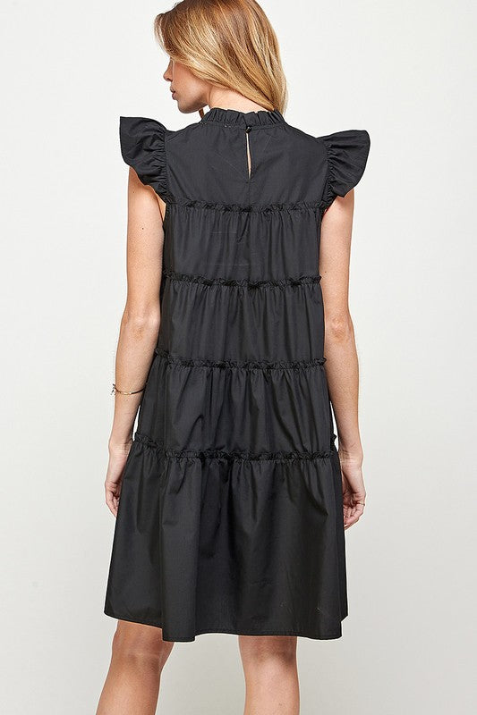 RUFFLED NECK CAP SLEEVES TIERED DRESS