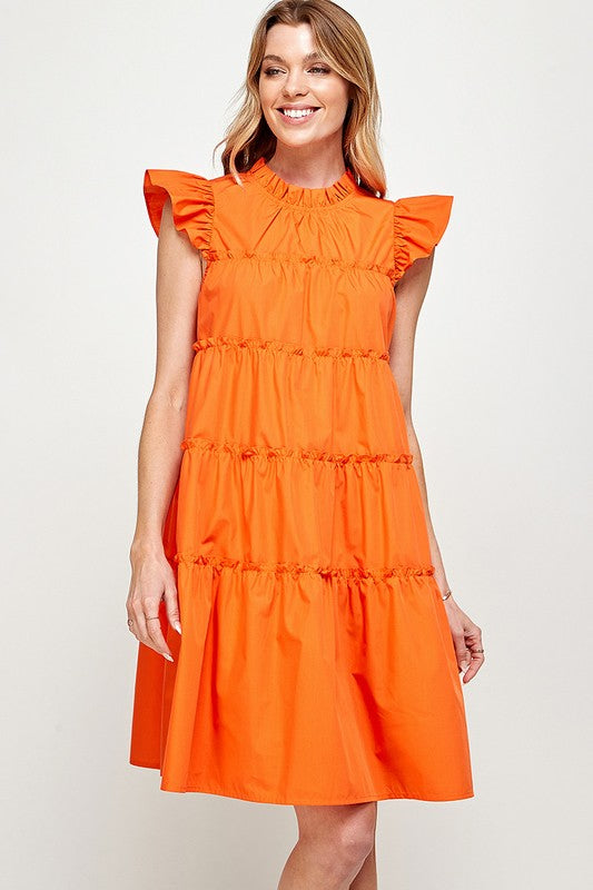 RUFFLED NECK CAP SLEEVES TIERED DRESS