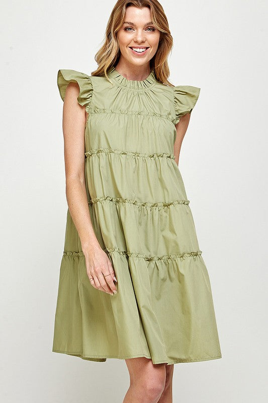 RUFFLED NECK CAP SLEEVES TIERED DRESS