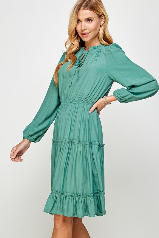 FRILL TRIM TIERED LONG SLEEVE DRESS