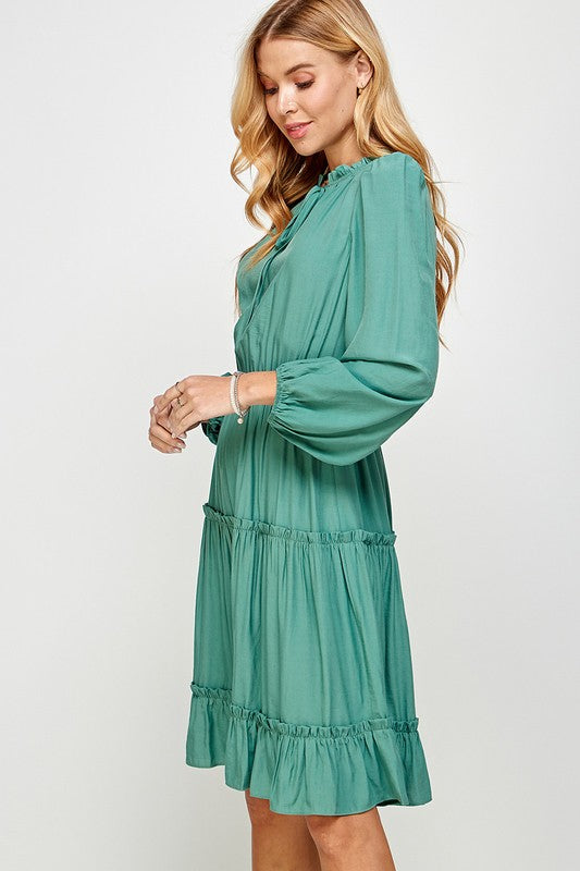 FRILL TRIM TIERED LONG SLEEVE DRESS