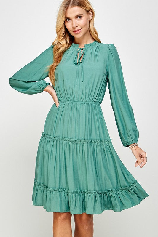 FRILL TRIM TIERED LONG SLEEVE DRESS