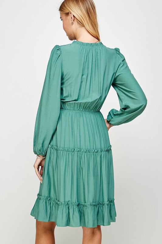 FRILL TRIM TIERED LONG SLEEVE DRESS