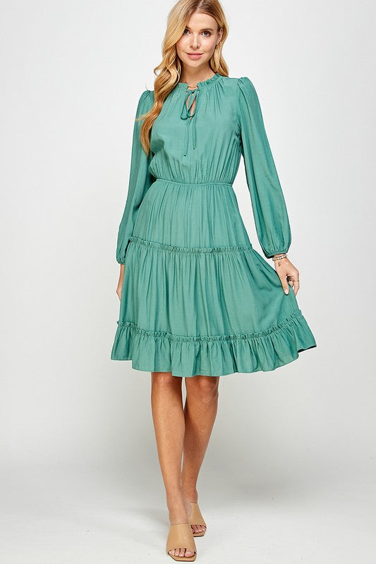 FRILL TRIM TIERED LONG SLEEVE DRESS