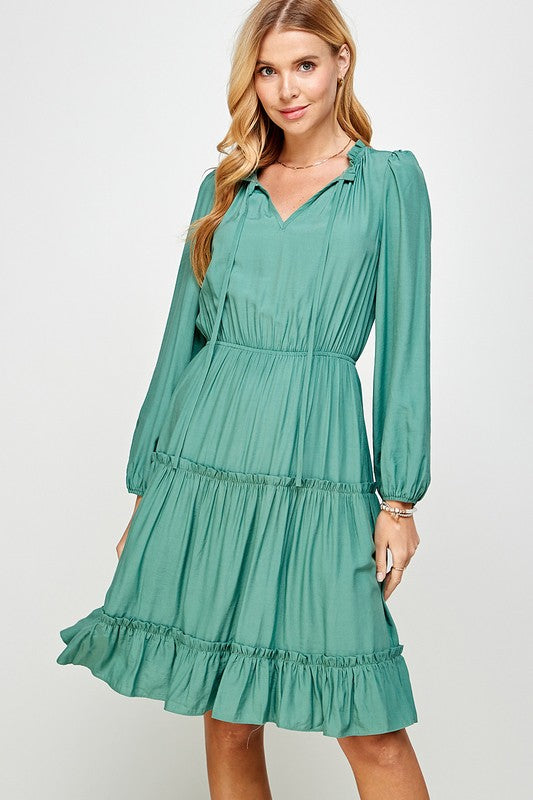 FRILL TRIM TIERED LONG SLEEVE DRESS