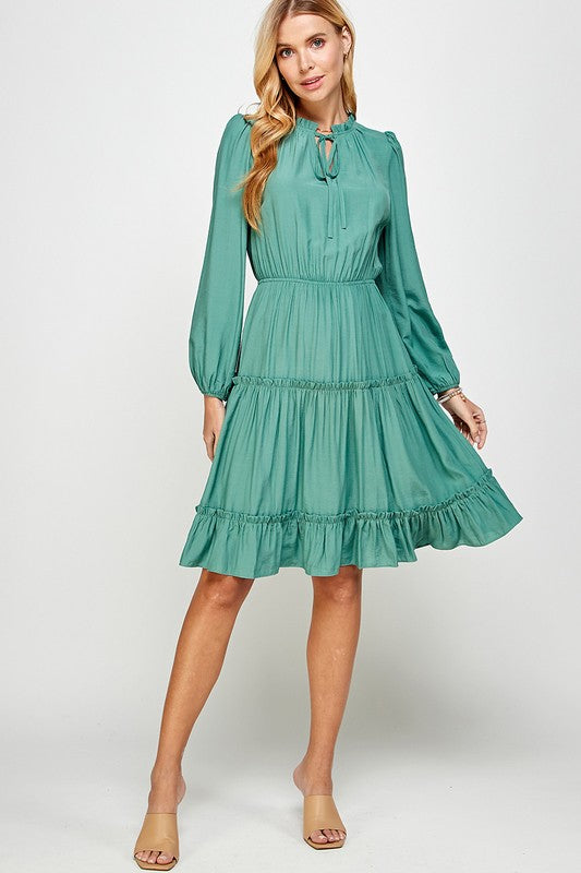 FRILL TRIM TIERED LONG SLEEVE DRESS