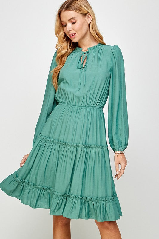 FRILL TRIM TIERED LONG SLEEVE DRESS