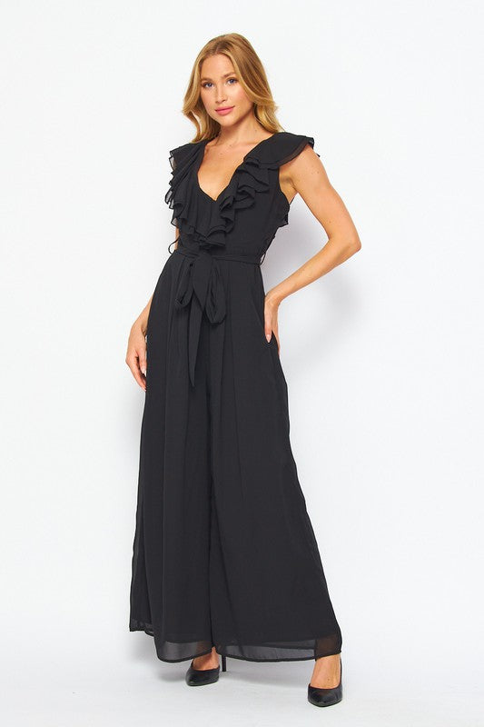 RUFFLES  JUMPSUIT WITH BELT -BLACK