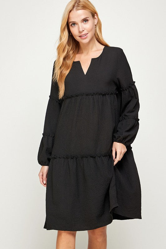 TIERED BISHOP SLEEVES MIDI DRESS