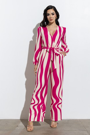 STRIPED SWIRL PRINT LONG SLEEVE JUMPSUIT