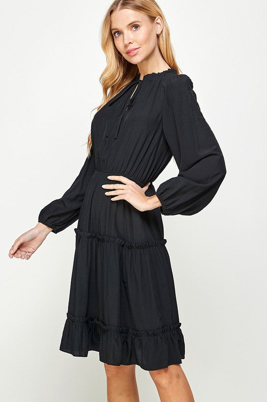 FRILL TRIM TIERED LONG SLEEVE DRESS