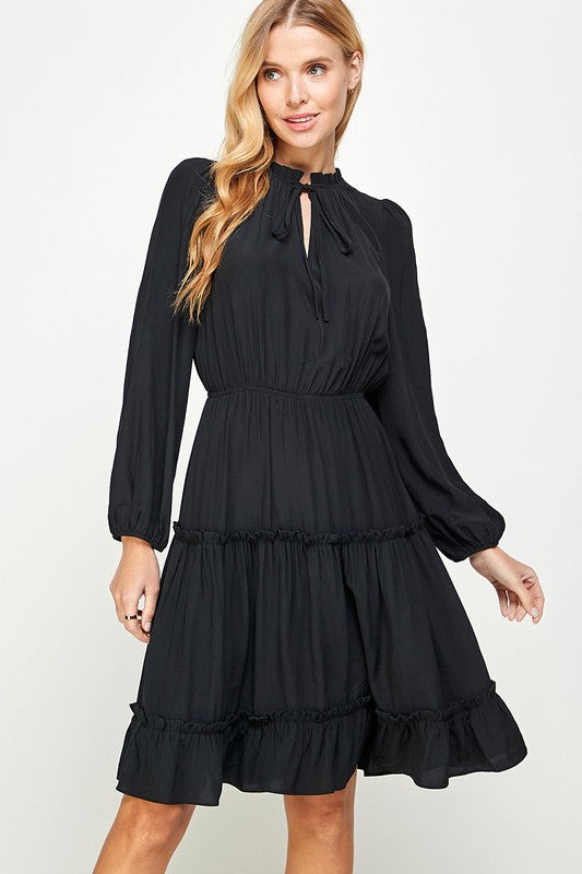 FRILL TRIM TIERED LONG SLEEVE DRESS