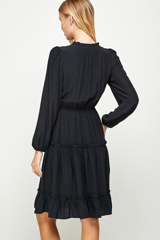 FRILL TRIM TIERED LONG SLEEVE DRESS