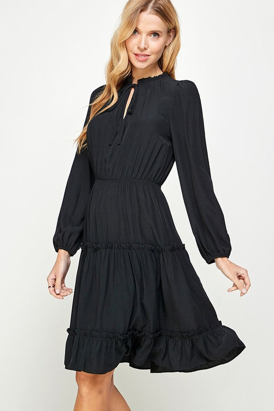 FRILL TRIM TIERED LONG SLEEVE DRESS