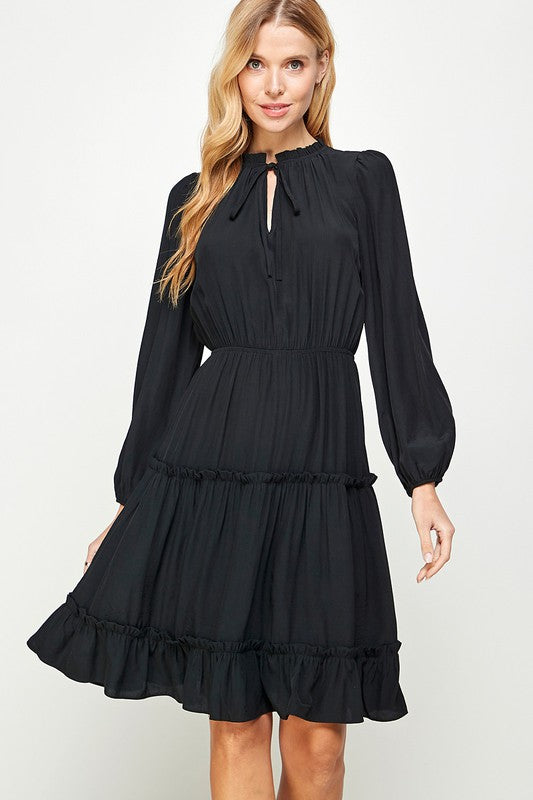 FRILL TRIM TIERED LONG SLEEVE DRESS