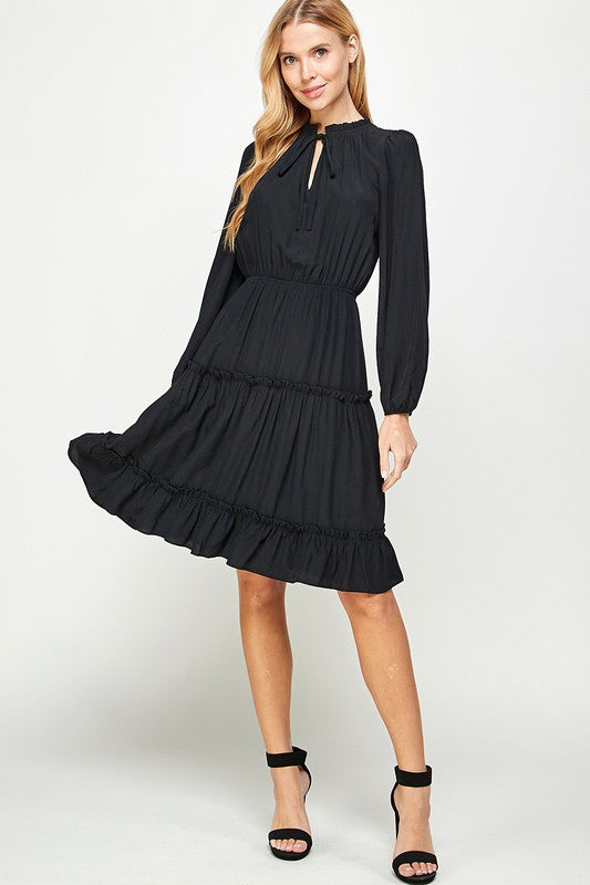 FRILL TRIM TIERED LONG SLEEVE DRESS