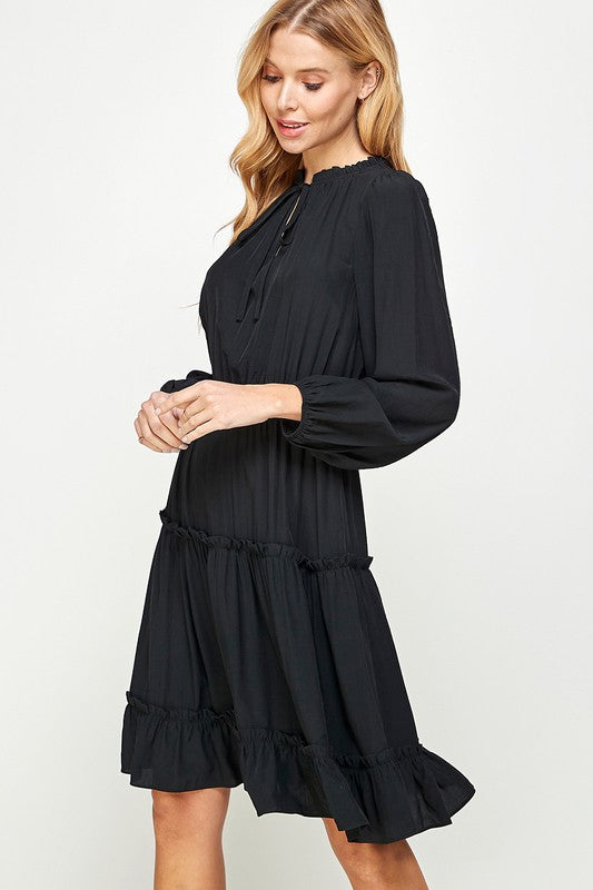 FRILL TRIM TIERED LONG SLEEVE DRESS