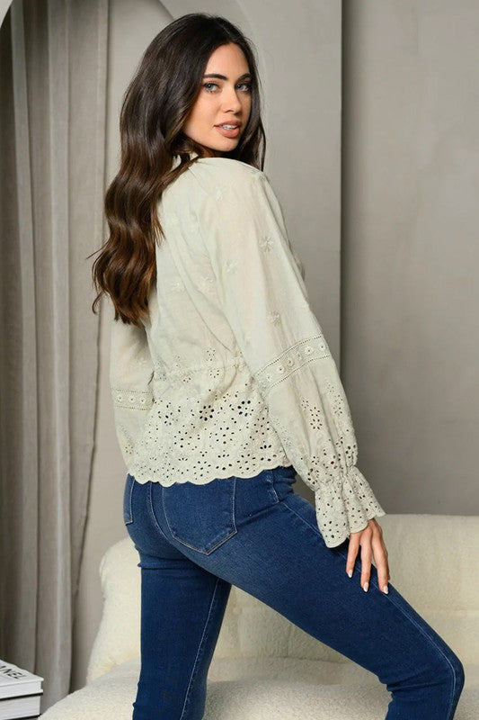 EYELET FLUTE SLEEVE TOP