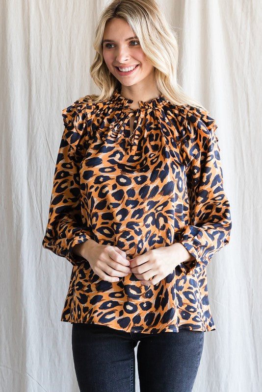 LEOPARD LAYERED RUFFLED SHOULDERS TOP