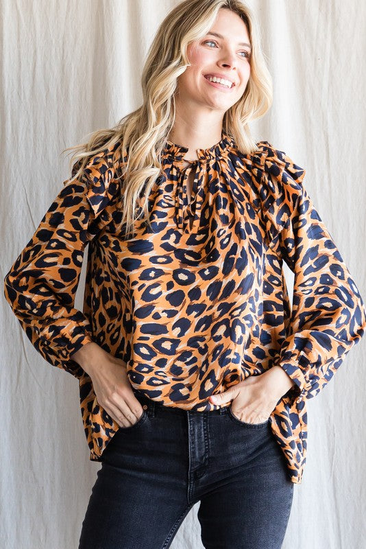 LEOPARD LAYERED RUFFLED SHOULDERS TOP